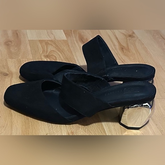 ASOS Women’s Black Suede Square Toe Mules Chrome Heel Shoes Size 8 (US) - Picture 3 of 7